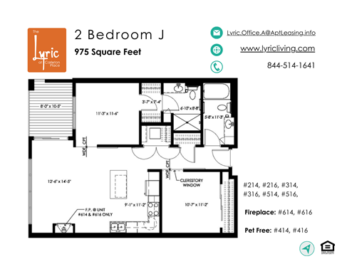 Floor plan for 2 beds, 2 baths, 975 sqft